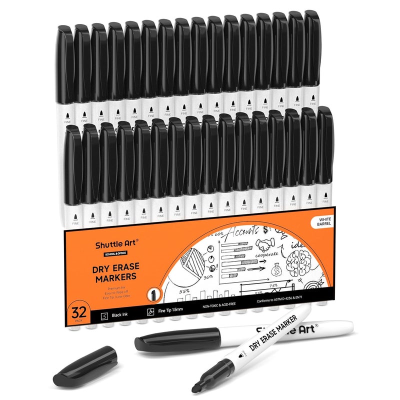 Shuttle Art Dry Erase Markers, 32 Pack Black Whiteboard Markers,Fine Tip Dry Erase Markers for Kids,Perfect for Writing on Whiteboards, Dry-Erase Boards,Mirror,Calender,School Office Supplies - Image 1