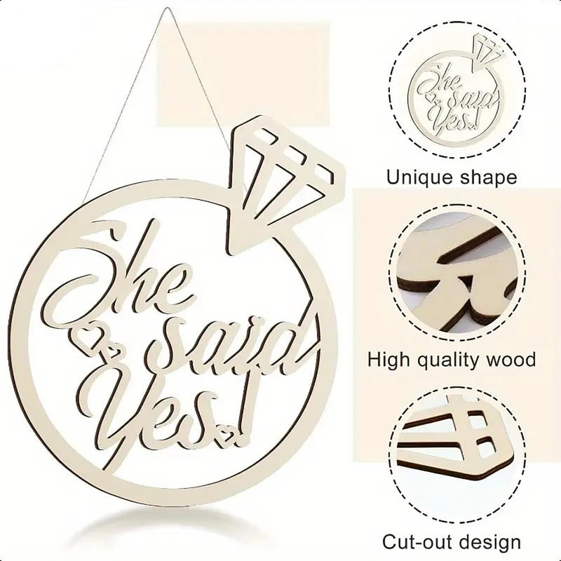 CLITHS علامة خشبية Cliths "قالت نعم" - 13.78x11.22 بوصة - قطع على شكل خاتم خطوبة - ديكور زفاف ريفي وحفل استحمام العروس - دعامة لالتقاط الصور في حفلة الخطوبة - Image 4