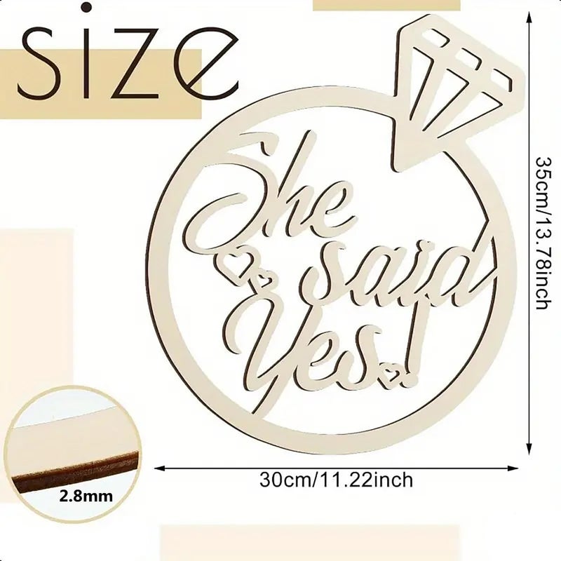 CLITHS علامة خشبية Cliths "قالت نعم" - 13.78x11.22 بوصة - قطع على شكل خاتم خطوبة - ديكور زفاف ريفي وحفل استحمام العروس - دعامة لالتقاط الصور في حفلة الخطوبة - Image 2