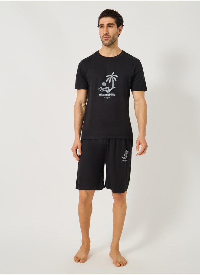 Styli Graphic Print T-Shirt and Drawstring Waist Shorts Set  - Image 1