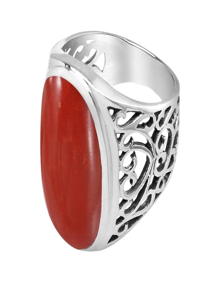 AeraVida Vintage Bold Lrg Oval Recondtructed Red Coral .925 Silver Intricate Heart Filigree Ring | Statement Fashion, Promise Ring, Couple Unisex Ring | Size 6 - Image 2