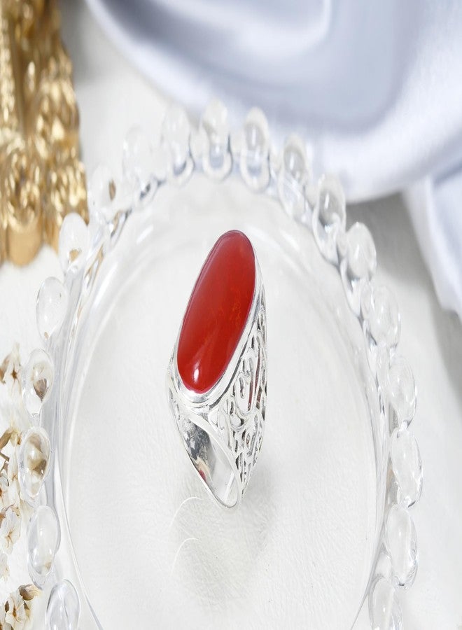 AeraVida Vintage Bold Lrg Oval Recondtructed Red Coral .925 Silver Intricate Heart Filigree Ring | Statement Fashion, Promise Ring, Couple Unisex Ring | Size 6 - Image 5