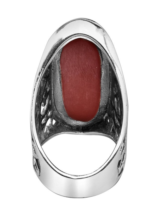 AeraVida Vintage Bold Lrg Oval Recondtructed Red Coral .925 Silver Intricate Heart Filigree Ring | Statement Fashion, Promise Ring, Couple Unisex Ring | Size 6 - Image 3