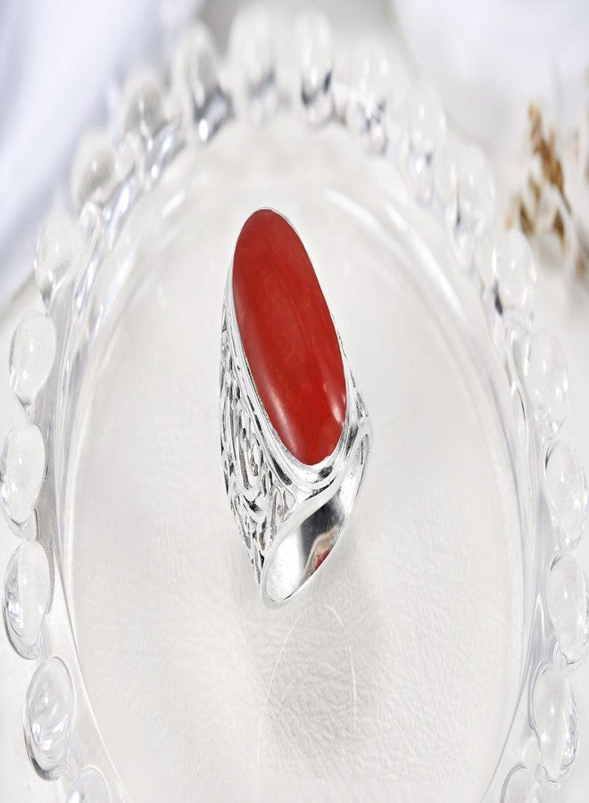 AeraVida Vintage Bold Lrg Oval Recondtructed Red Coral .925 Silver Intricate Heart Filigree Ring | Statement Fashion, Promise Ring, Couple Unisex Ring | Size 6 - Image 4