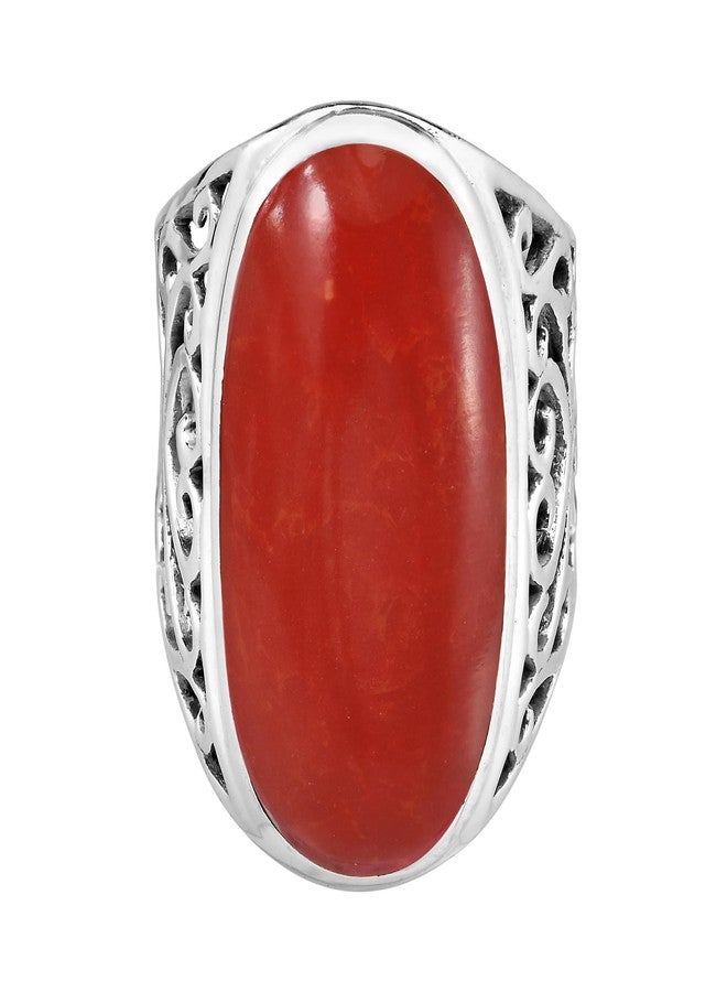 AeraVida Vintage Bold Lrg Oval Recondtructed Red Coral .925 Silver Intricate Heart Filigree Ring | Statement Fashion, Promise Ring, Couple Unisex Ring | Size 6 - Image 1