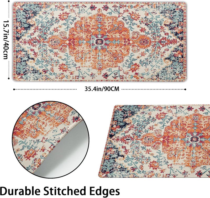 aportt Orange Teal Boho Gaming Mouse Pad XXL Vintage Rug Bohemian Extended Large Desk Mat Big Mousepad Non-Slip Rubber Base Stitched Edge Long Mousepad for Desktop Office PC Gamer, 35.4 x 15.7 Inch - Image 2