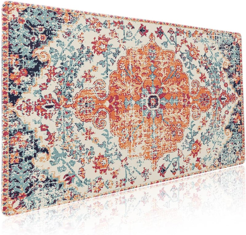 aportt Orange Teal Boho Gaming Mouse Pad XXL Vintage Rug Bohemian Extended Large Desk Mat Big Mousepad Non-Slip Rubber Base Stitched Edge Long Mousepad for Desktop Office PC Gamer, 35.4 x 15.7 Inch - Image 1