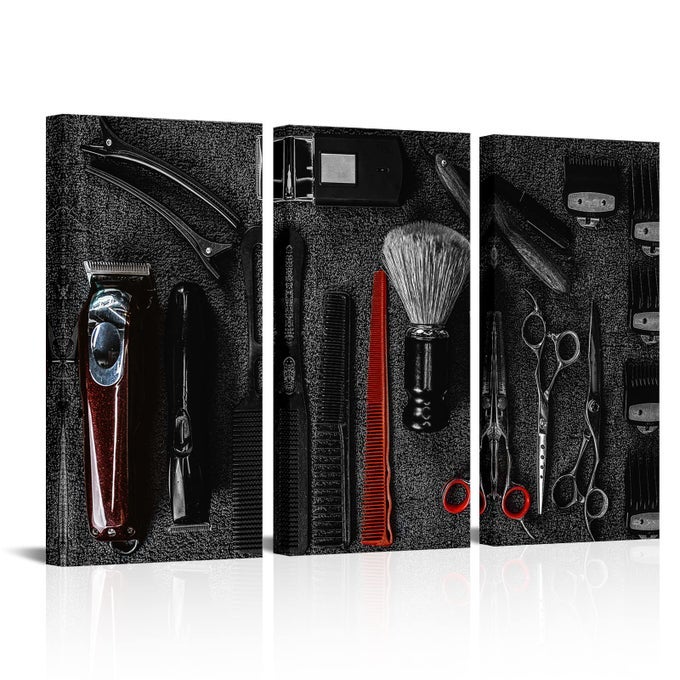 3 PIECE BARBER WALL ART SALON HAIRDRESSER TOOLS PAINTING PRINTS ON CANVAS BLACK AND RED HAIRCUT ACCESSORIES ARTWORK FOR BEAUTY ROOM BATHROOM LIVING ROOM DECOR FRAMED GIFT FOR HAIRSTYLIST