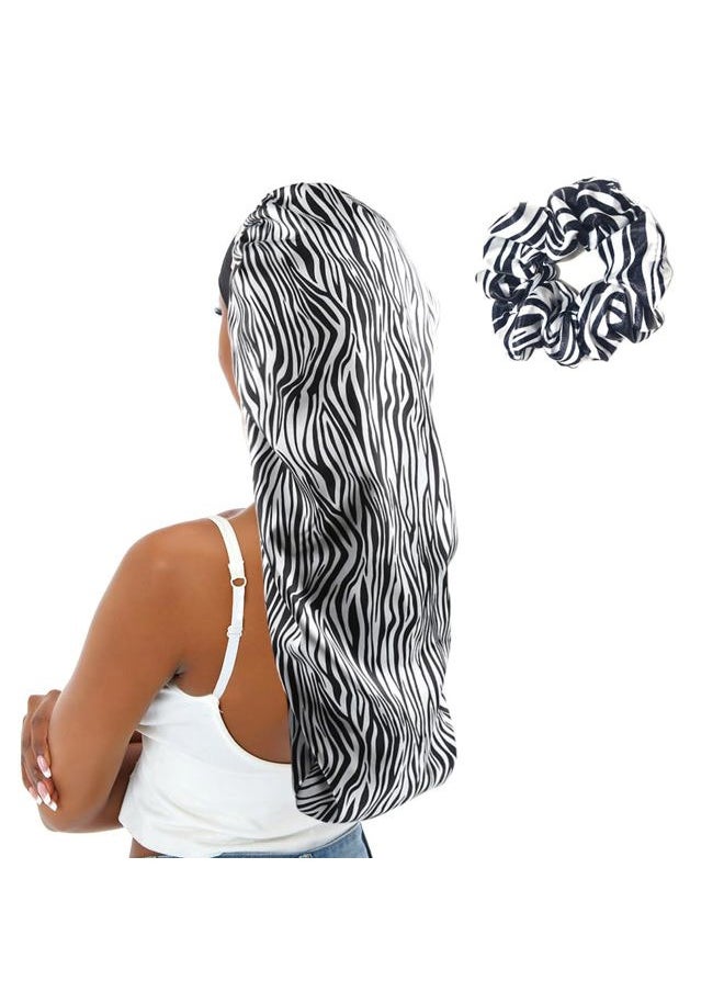 sent hair - Extra Large Satin Bonnet for Women, Double-Layer Silky Sleep Cap, Long Hair Bonnet with Tie Band for Braids/Curly/Long Hair (Zebra Pattern) - Image 1
