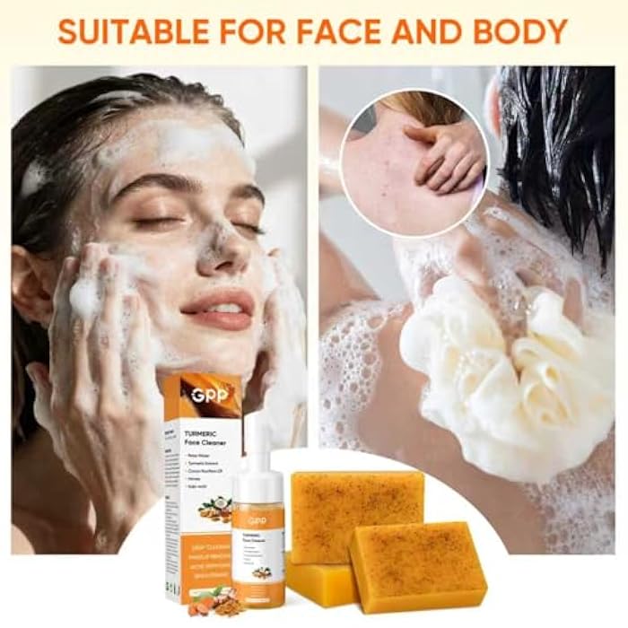 gpp 4Pcs Turmeric Soap & Turmeric Face Wash with Brush Skin Care Set, Lemon Turmeric Soap for Face & Body, Daily Facail Cleanser for All Skin, Deep Cleansing Turmerics Wash and Care Set - Image 3