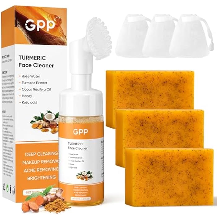 gpp 4Pcs Turmeric Soap & Turmeric Face Wash with Brush Skin Care Set, Lemon Turmeric Soap for Face & Body, Daily Facail Cleanser for All Skin, Deep Cleansing Turmerics Wash and Care Set - Image 1