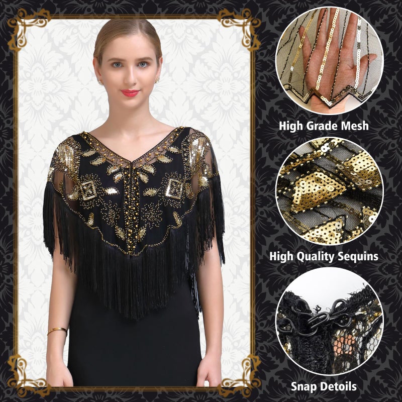 PLULON 8 Pieces 1920s Flapper Accessories Set Sequin Shawl for Women Great Gatsby Costume(Black Gold) - Image 2