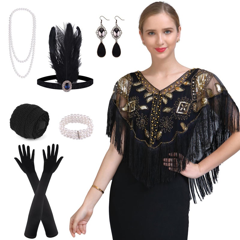 PLULON 8 Pieces 1920s Flapper Accessories Set Sequin Shawl for Women Great Gatsby Costume(Black Gold) - Image 1