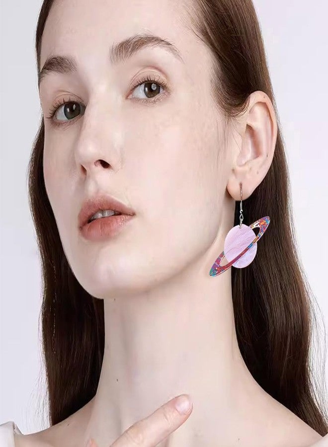 Dtja Acrylic Sequins Universe Dangle Earrings for Women Big Pink Purple Saturn Spaceship Moon Star Celestial Drop Fish Hook Dangling Lightweight Fashion Y2K Aerospace Halloween Theme Party Jewelry - Image 2