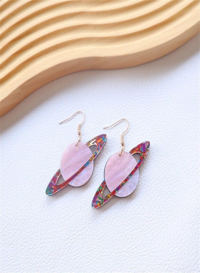 Dtja Acrylic Sequins Universe Dangle Earrings for Women Big Pink Purple Saturn Spaceship Moon Star Celestial Drop Fish Hook Dangling Lightweight Fashion Y2K Aerospace Halloween Theme Party Jewelry - Image 3