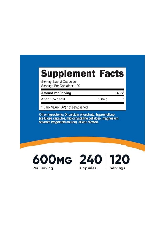 حمض ألفا ليبويك من نيوتريكوست، 600 ملجم، 240 كبسولة نباتية - خالية من الجلوتين والصويا وغير معدلة وراثيًا، 120 وجبة (زجاجتان) - Image 2