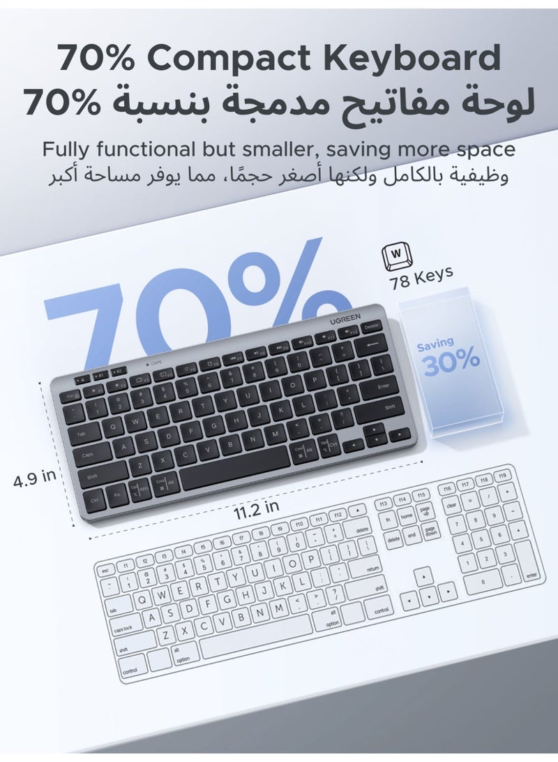 يو جرين كيبورد لاسلكي بتصميم إنجليزي وعربي، لوحة مفاتيح مزودة بتقنية بلوتوث ومنفذ USB بسرعة 2.4 جيجاهرتز، تدعم الاتصال بأجهزة متعددة، وتتميز بكتابتها الهادئة، وتعمل بتقنية التوصيل والتشغيل لأجهزة الكمبيوتر المحمولة وأجهزة ماك وويندوز، وهي مناسبة للاستخدام المكتبي اليومي - Image 2