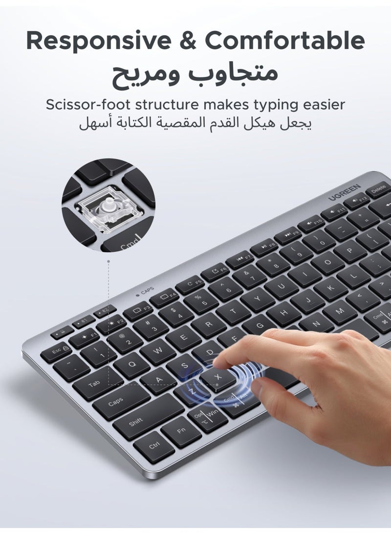 يو جرين كيبورد لاسلكي بتصميم إنجليزي وعربي، لوحة مفاتيح مزودة بتقنية بلوتوث ومنفذ USB بسرعة 2.4 جيجاهرتز، تدعم الاتصال بأجهزة متعددة، وتتميز بكتابتها الهادئة، وتعمل بتقنية التوصيل والتشغيل لأجهزة الكمبيوتر المحمولة وأجهزة ماك وويندوز، وهي مناسبة للاستخدام المكتبي اليومي - Image 5
