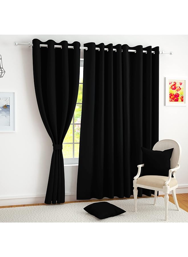 The Bros Blackout Window Curtains, for Living/Bedroom. Premium Faux Silk, Rich Polyester. Light Blocking, Thermal Insulation, Noise Reduction. Grommet. Solid Black, 2 Panels, 152cm/5ft - Image 1