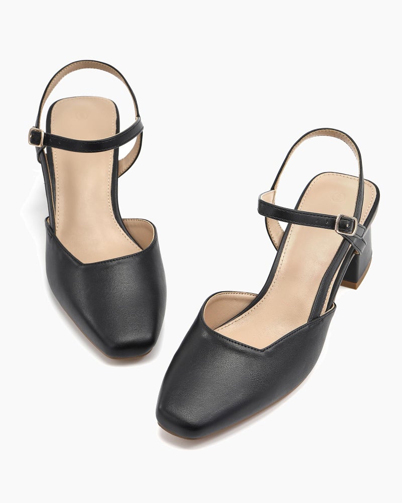 Rilista Women's Slingback Chunky Low Heels Closed Toe Heel Wedding Party Dress Pumps Shoes Black - Image 3