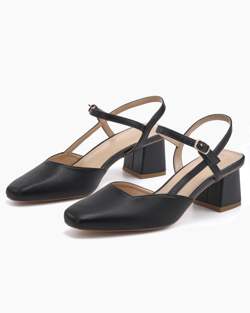 Rilista Women's Slingback Chunky Low Heels Closed Toe Heel Wedding Party Dress Pumps Shoes Black - Image 4