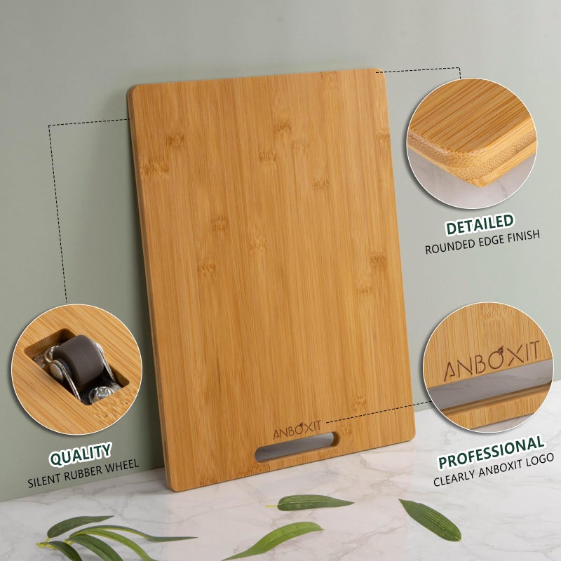 ANBOXIT Bamboo Appliance Slider, Sliding Tray for Coffee Maker, Kitchen Countertop Appliance Rolling Tray, Coffee Pot Slider Tray with Rubber Wheels, Deep - Large (16"D x 12"W) - Image 3