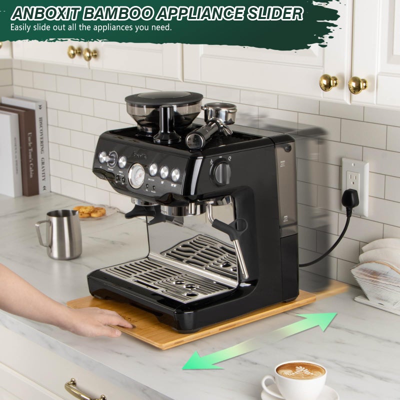 ANBOXIT Bamboo Appliance Slider, Sliding Tray for Coffee Maker, Kitchen Countertop Appliance Rolling Tray, Coffee Pot Slider Tray with Rubber Wheels, Deep - Large (16"D x 12"W) - Image 2