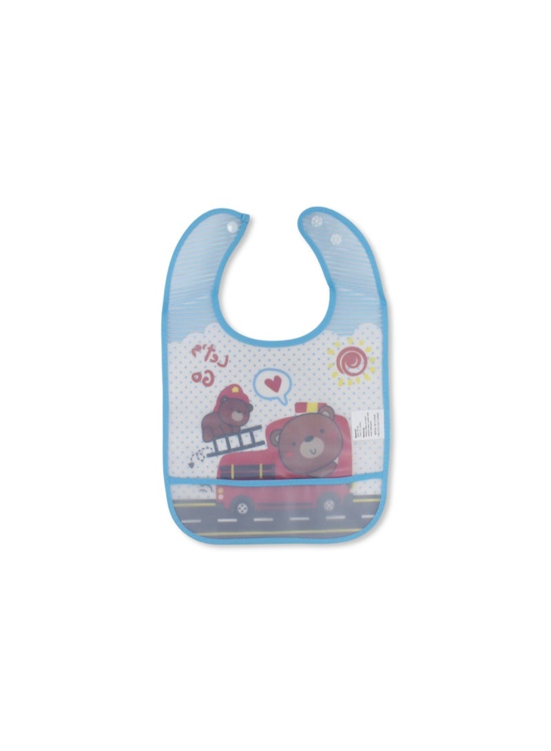 La Frutta PVC Baby Bib with Pocket – Baby Blue with Firefighter Teddy Bear Print - Image 2