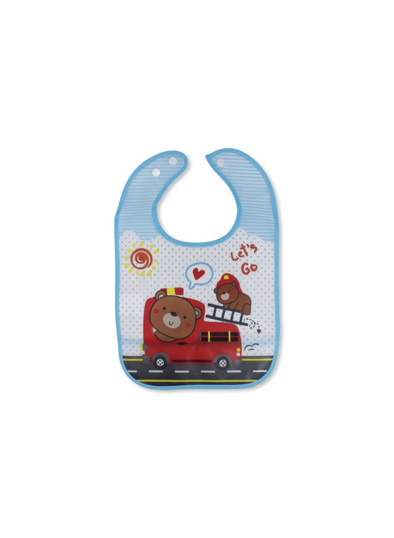 La Frutta PVC Baby Bib with Pocket – Baby Blue with Firefighter Teddy Bear Print - Image 1