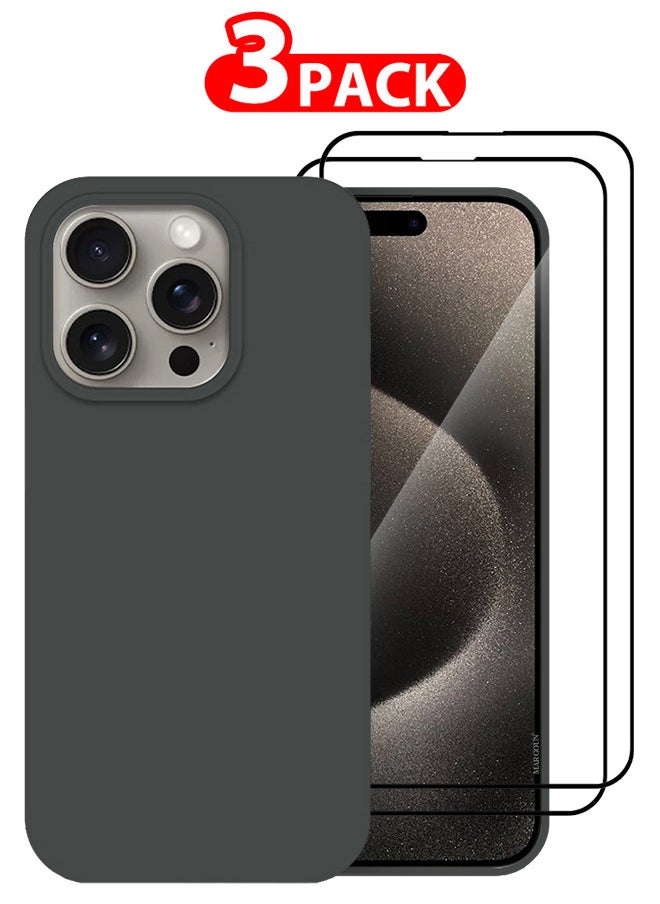 CATANES - 3 Pack For iPhone 15 Pro Case and 2 Screen Protectors Silicone Case Full Body Protective Cover Shockproof Slim Phone Case Anti-Scratch Soft Microfiber Lining Grey - Image 1