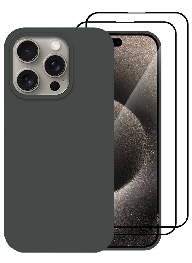 CATANES - 3 Pack For iPhone 15 Pro Case and 2 Screen Protectors Silicone Case Full Body Protective Cover Shockproof Slim Phone Case Anti-Scratch Soft Microfiber Lining Grey - Image 1