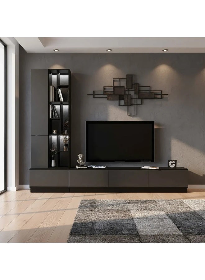 Stylish Home Large gray and black TV table, 4 pieces, including shelves and lighting, model 61 40x280x226 cm - Image 1