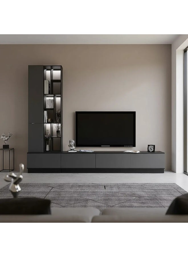 Stylish Home Large gray and black TV table, 4 pieces, including shelves and lighting, model 61 40x280x226 cm - Image 2