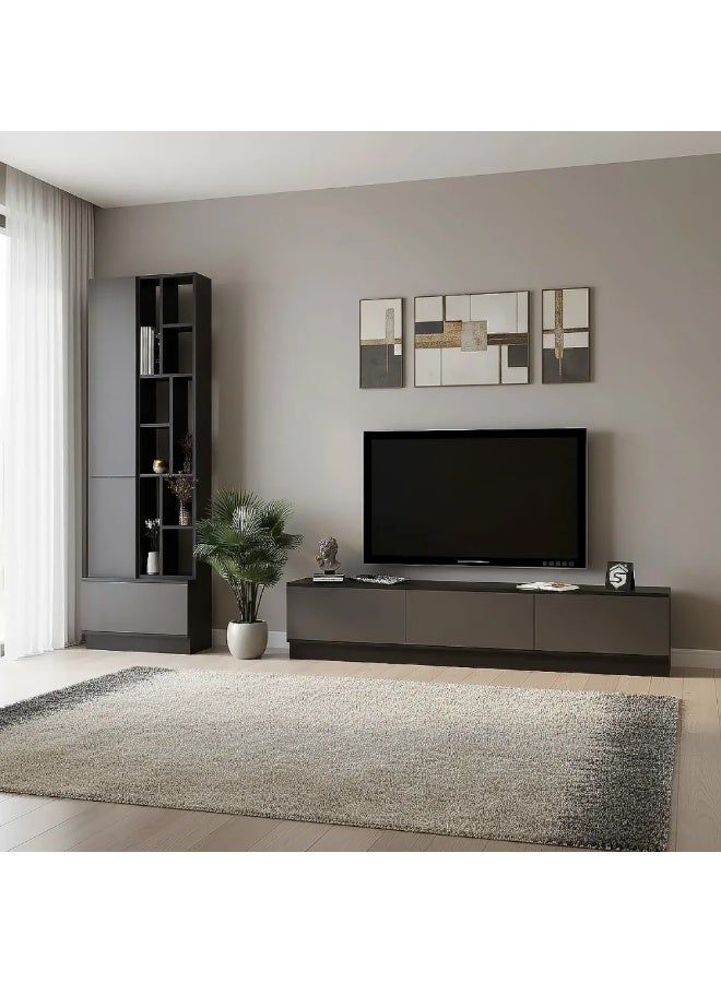 Stylish Home Large gray and black TV table, 4 pieces, including shelves and lighting, model 61 40x280x226 cm - Image 3