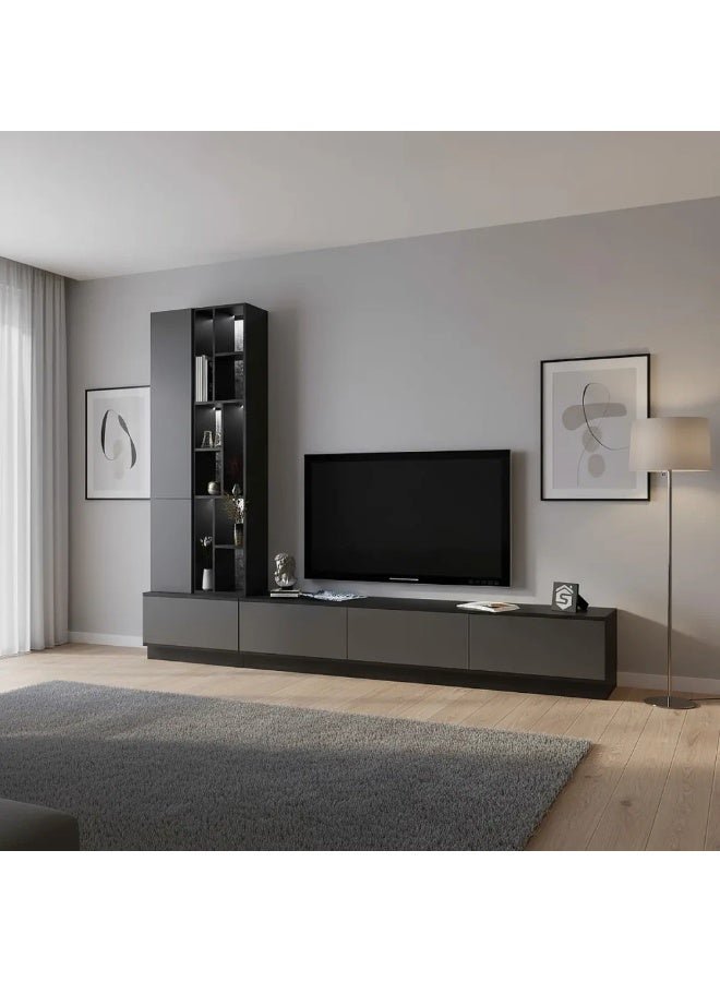 Stylish Home Large gray and black TV table, 4 pieces, including shelves and lighting, model 61 40x280x226 cm - Image 4