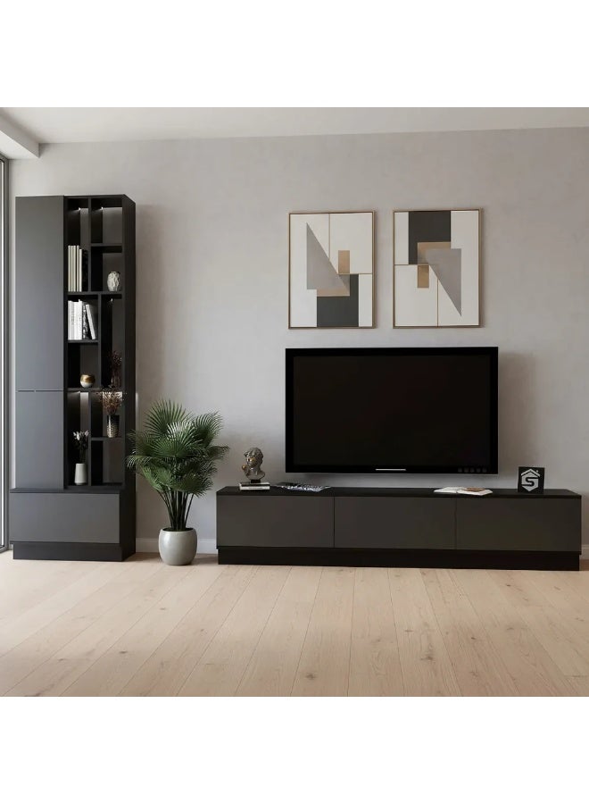 Stylish Home Large gray and black TV table, 4 pieces, including shelves and lighting, model 61 40x280x226 cm - Image 5