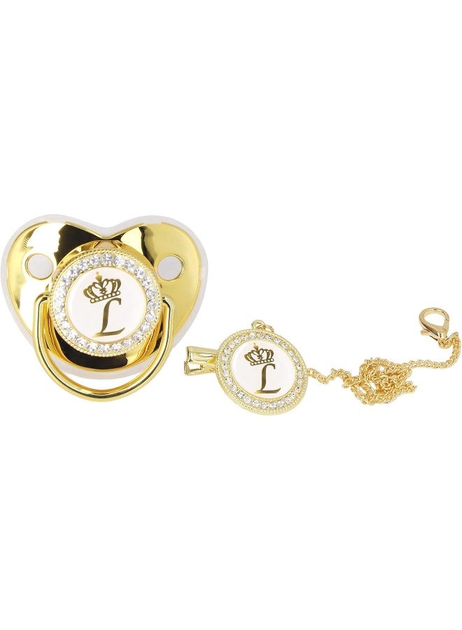 GLOGLOW Golden Letter Pacifier, Rhinestone Exquisite Silicone Baby Pacifier Safe with Chain Clip for Home Travel for Daily Life L - Image 1