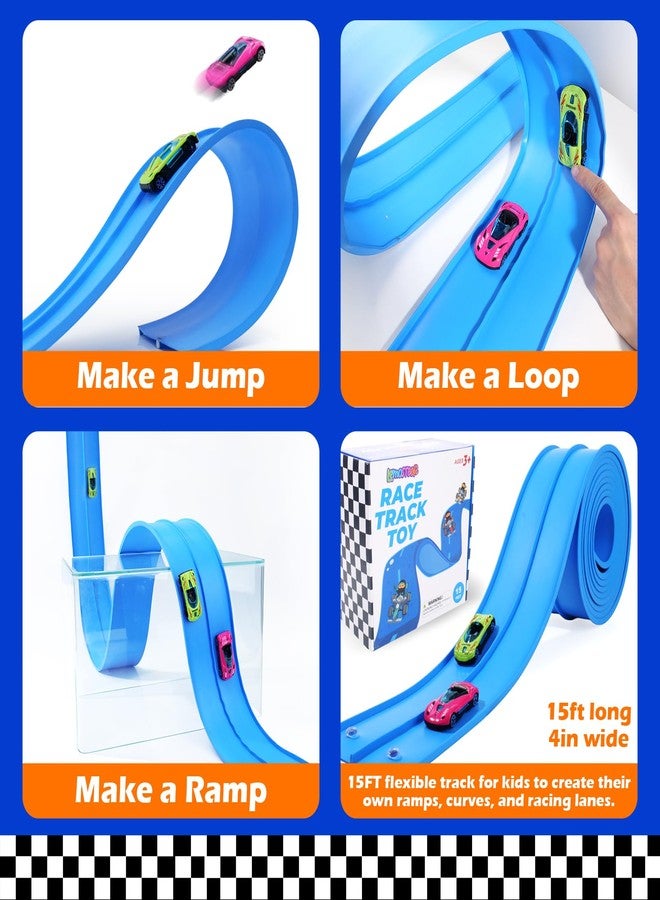 Lemostaar Flexible Race Track Toys for Kids: 15 Ft Flex Race Car Ramp Track with Suction Cups - Rolls Up Portable DIY Racetrack Compatible with Diecast 1/64th Cars Model - Birthday Gifts for Boys Girls Ages 3+ - Image 3