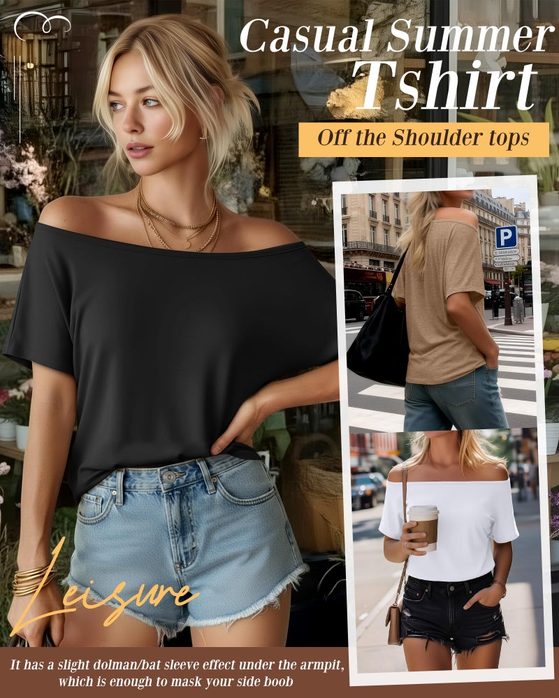 Riyiper 3 Pack Women's Off the Shoulder Shirts, Loose Fit Flowy Tops Short Sleeve Casual Summer Tshirt Athletic Workout Tunic (Black, Khaki, White,Large) - Image 3