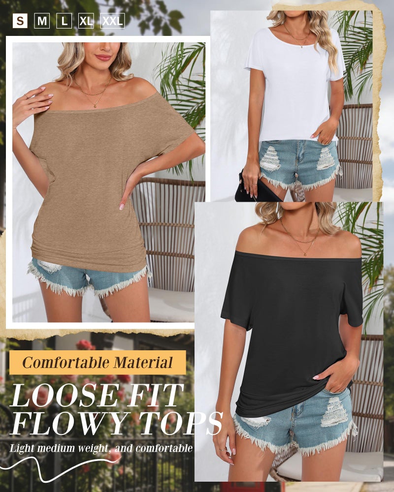 Riyiper 3 Pack Women's Off the Shoulder Shirts, Loose Fit Flowy Tops Short Sleeve Casual Summer Tshirt Athletic Workout Tunic (Black, Khaki, White,Large) - Image 5