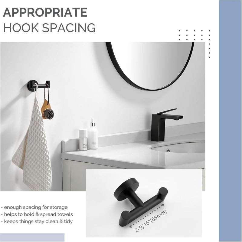 Angle Simple Double Towel Hook, Stainless Steel Bathroom Hand Towel Holder, Coat Hook for Wall, Matte Black - Image 5