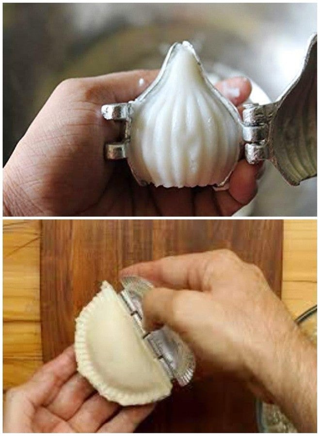 Kitchwish Pure Aluminium Modak & Gujiya Maker Combo (Set of 2) - Size No. 3 Modak Mould (5.5 cm) and 9 cm Gujiya Mould - Traditional Sweet Making Tools for Ganesh Chaturthi, Holi & Diwali - Image 2