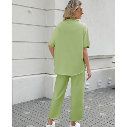 SeeLuNa Women's Two Piece Outfits 3/4 Batwing Sleeve Capelet Crew Neck Pullover Top Wide Leg Pants Lounge Set(Light-Green,L) - Image 2