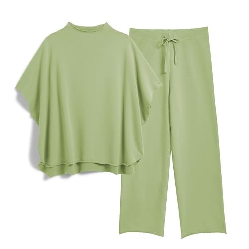 SeeLuNa Women's Two Piece Outfits 3/4 Batwing Sleeve Capelet Crew Neck Pullover Top Wide Leg Pants Lounge Set(Light-Green,L) - Image 1