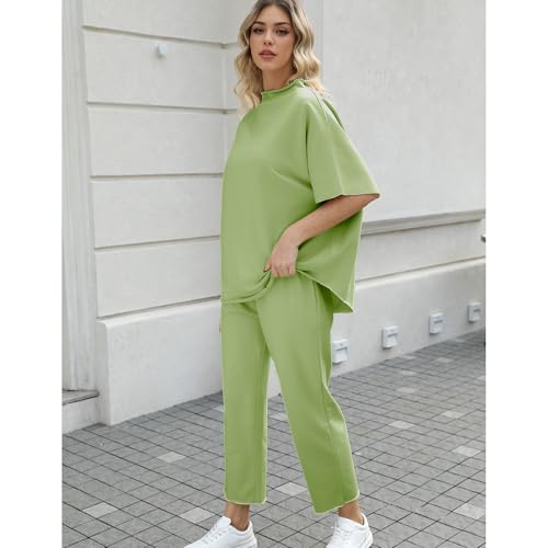 SeeLuNa Women's Two Piece Outfits 3/4 Batwing Sleeve Capelet Crew Neck Pullover Top Wide Leg Pants Lounge Set(Light-Green,L) - Image 4