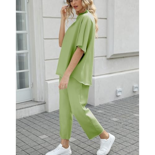 SeeLuNa Women's Two Piece Outfits 3/4 Batwing Sleeve Capelet Crew Neck Pullover Top Wide Leg Pants Lounge Set(Light-Green,L) - Image 3