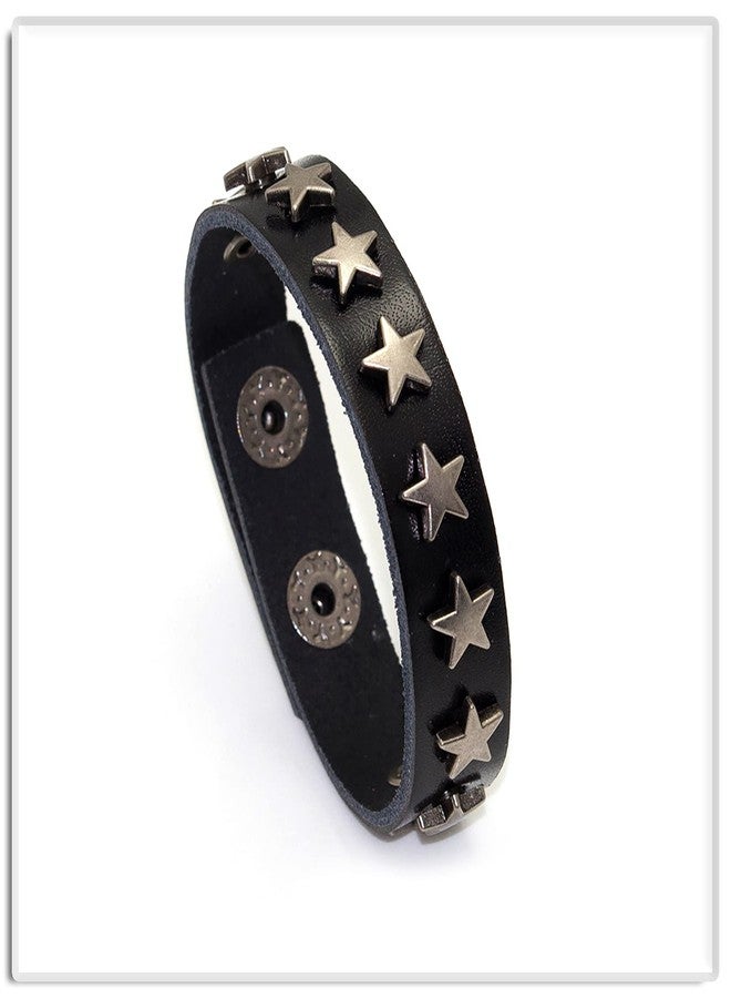 Xusamss Hip Hop Alloy Star Wristband Leather Cuff Bracelet,7.5inches - Image 2