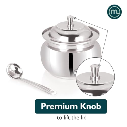 Mishaa Stainless Steel 350ml Ghee Container with Lid & Spoon Set of 2, Perfect Oil Pot for daily Kitchen even Spiritual use, Durable Small Pot for storing & Serving Ghee, Sugar,Pickle, Oil,Curd & more - Image 3