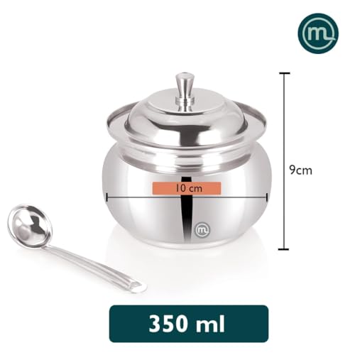 Mishaa Stainless Steel 350ml Ghee Container with Lid & Spoon Set of 2, Perfect Oil Pot for daily Kitchen even Spiritual use, Durable Small Pot for storing & Serving Ghee, Sugar,Pickle, Oil,Curd & more - Image 2
