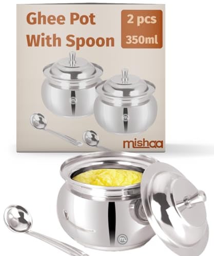 Mishaa Stainless Steel 350ml Ghee Container with Lid & Spoon Set of 2, Perfect Oil Pot for daily Kitchen even Spiritual use, Durable Small Pot for storing & Serving Ghee, Sugar,Pickle, Oil,Curd & more - Image 1